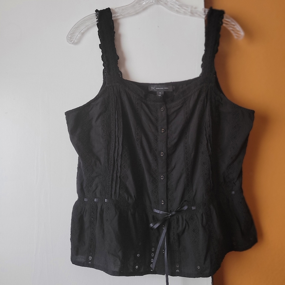 INC International Concepts Black Eyelet Button-Front Tank Top, XL